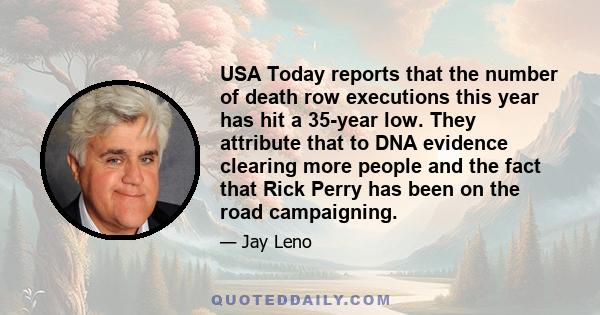 USA Today reports that the number of death row executions this year has hit a 35-year low. They attribute that to DNA evidence clearing more people and the fact that Rick Perry has been on the road campaigning.