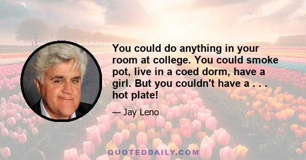 You could do anything in your room at college. You could smoke pot, live in a coed dorm, have a girl. But you couldn't have a . . . hot plate!