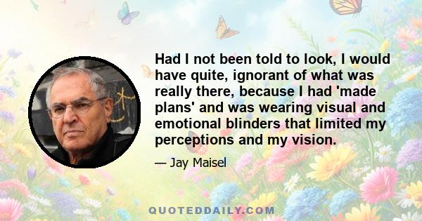 Had I not been told to look, I would have quite, ignorant of what was really there, because I had 'made plans' and was wearing visual and emotional blinders that limited my perceptions and my vision.