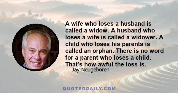 A wife who loses a husband is called a widow. A husband who loses a wife is called a widower. A child who loses his parents is called an orphan. There is no word for a parent who loses a child. That's how awful the loss 