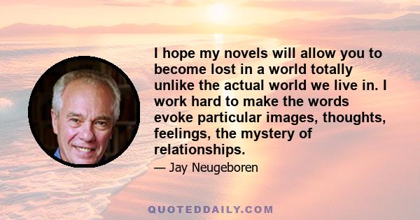 I hope my novels will allow you to become lost in a world totally unlike the actual world we live in. I work hard to make the words evoke particular images, thoughts, feelings, the mystery of relationships.