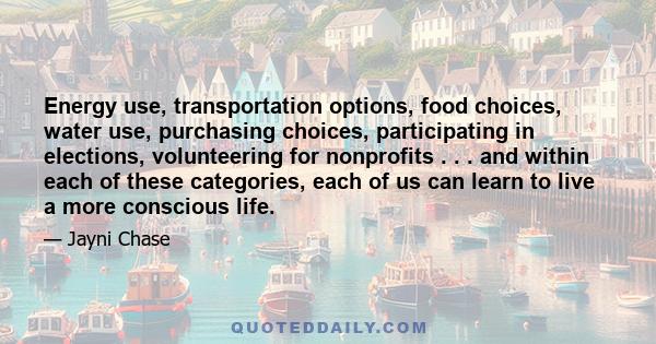 Energy use, transportation options, food choices, water use, purchasing choices, participating in elections, volunteering for nonprofits . . . and within each of these categories, each of us can learn to live a more