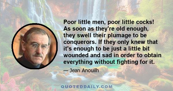 Poor little men, poor little cocks! As soon as they're old enough, they swell their plumage to be conquerors. If they only knew that it's enough to be just a little bit wounded and sad in order to obtain everything