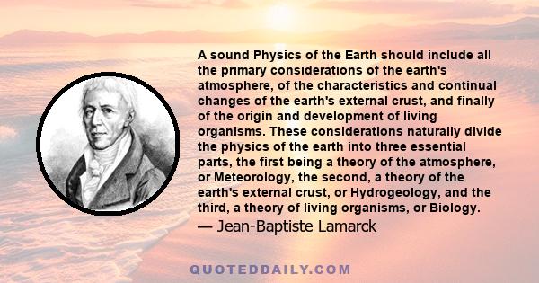 A sound Physics of the Earth should include all the primary considerations of the earth's atmosphere, of the characteristics and continual changes of the earth's external crust, and finally of the origin and development 