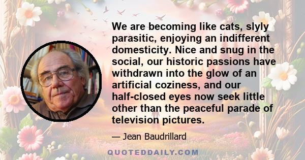 We are becoming like cats, slyly parasitic, enjoying an indifferent domesticity. Nice and snug in the social, our historic passions have withdrawn into the glow of an artificial coziness, and our half-closed eyes now