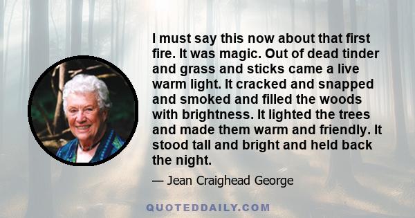 I must say this now about that first fire. It was magic. Out of dead tinder and grass and sticks came a live warm light. It cracked and snapped and smoked and filled the woods with brightness. It lighted the trees and