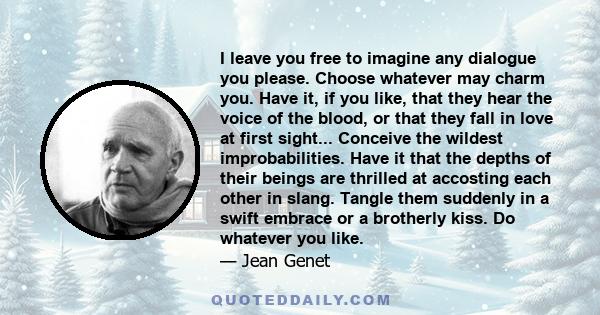 I leave you free to imagine any dialogue you please. Choose whatever may charm you. Have it, if you like, that they hear the voice of the blood, or that they fall in love at first sight... Conceive the wildest