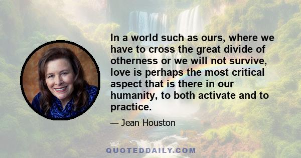 In a world such as ours, where we have to cross the great divide of otherness or we will not survive, love is perhaps the most critical aspect that is there in our humanity, to both activate and to practice.