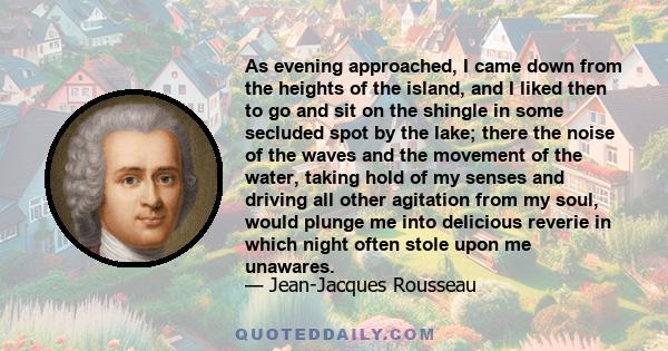 As evening approached, I came down from the heights of the island, and I liked then to go and sit on the shingle in some secluded spot by the lake; there the noise of the waves and the movement of the water, taking hold 