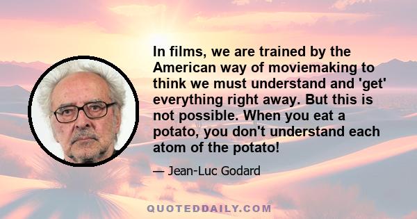 In films, we are trained by the American way of moviemaking to think we must understand and 'get' everything right away. But this is not possible. When you eat a potato, you don't understand each atom of the potato!