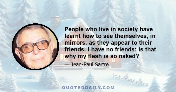 People who live in society have learnt how to see themselves, in mirrors, as they appear to their friends. I have no friends: is that why my flesh is so naked?