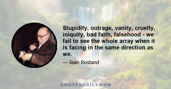 Stupidity, outrage, vanity, cruelty, iniquity, bad faith, falsehood - we fail to see the whole array when it is facing in the same direction as we.