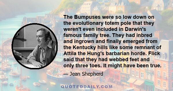 The Bumpuses were so low down on the evolutionary totem pole that they weren't even included in Darwin's famous family tree. They had inbred and ingrown and finally emerged from the Kentucky hills like some remnant of