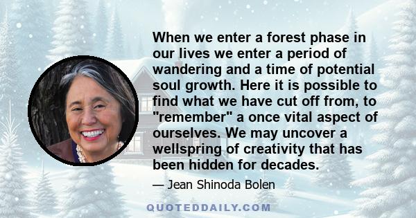 When we enter a forest phase in our lives we enter a period of wandering and a time of potential soul growth. Here it is possible to find what we have cut off from, to remember a once vital aspect of ourselves. We may