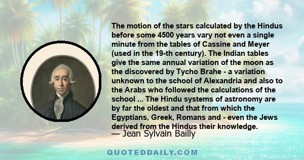 The motion of the stars calculated by the Hindus before some 4500 years vary not even a single minute from the tables of Cassine and Meyer (used in the 19-th century). The Indian tables give the same annual variation of 