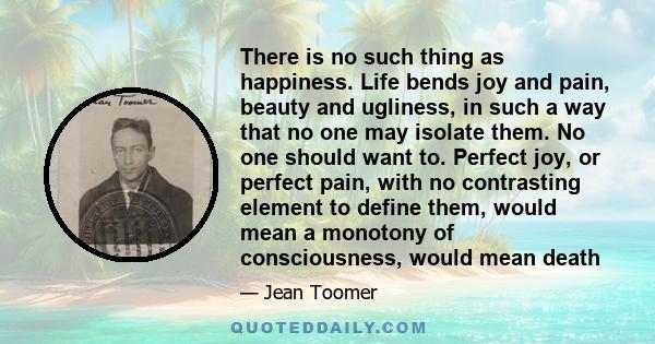 There is no such thing as happiness. Life bends joy and pain, beauty and ugliness, in such a way that no one may isolate them. No one should want to. Perfect joy, or perfect pain, with no contrasting element to define