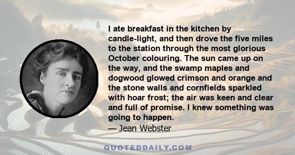 I ate breakfast in the kitchen by candle-light, and then drove the five miles to the station through the most glorious October colouring. The sun came up on the way, and the swamp maples and dogwood glowed crimson and