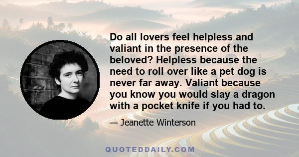 Do all lovers feel helpless and valiant in the presence of the beloved? Helpless because the need to roll over like a pet dog is never far away. Valiant because you know you would slay a dragon with a pocket knife if