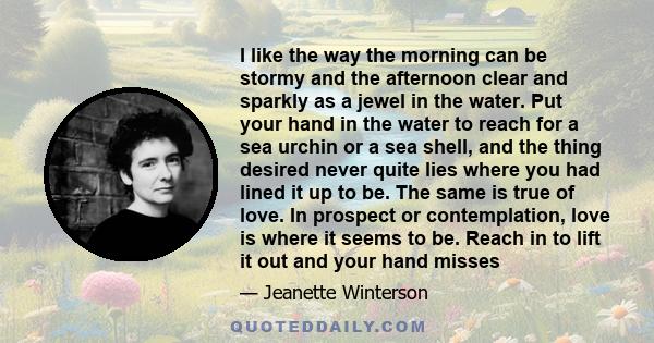 I like the way the morning can be stormy and the afternoon clear and sparkly as a jewel in the water. Put your hand in the water to reach for a sea urchin or a sea shell, and the thing desired never quite lies where you 