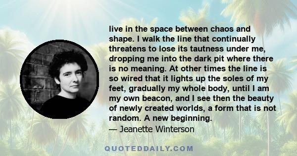 live in the space between chaos and shape. I walk the line that continually threatens to lose its tautness under me, dropping me into the dark pit where there is no meaning. At other times the line is so wired that it