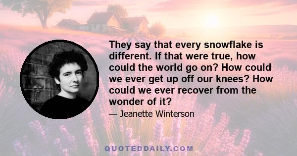 They say that every snowflake is different. If that were true, how could the world go on? How could we ever get up off our knees? How could we ever recover from the wonder of it?