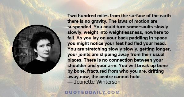 Two hundred miles from the surface of the earth there is no gravity. The laws of motion are suspended. You could turn somersaults slowly slowly, weight into weightlessness, nowhere to fall. As you lay on your back