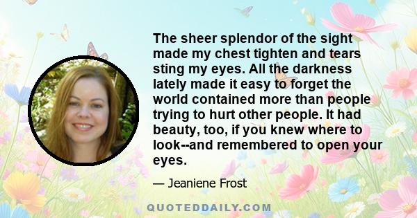 The sheer splendor of the sight made my chest tighten and tears sting my eyes. All the darkness lately made it easy to forget the world contained more than people trying to hurt other people. It had beauty, too, if you