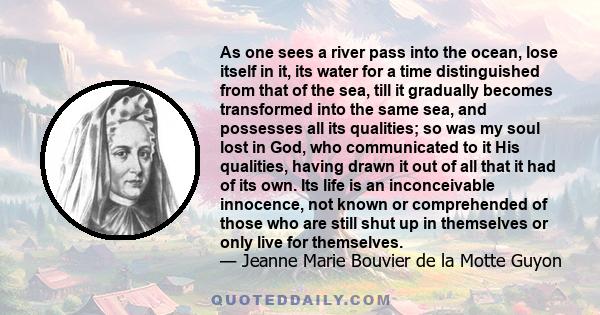 As one sees a river pass into the ocean, lose itself in it, its water for a time distinguished from that of the sea, till it gradually becomes transformed into the same sea, and possesses all its qualities; so was my