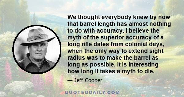 We thought everybody knew by now that barrel length has almost nothing to do with accuracy. I believe the myth of the superior accuracy of a long rifle dates from colonial days, when the only way to extend sight radius