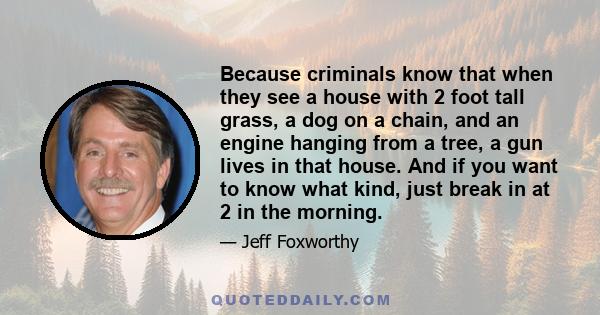 Because criminals know that when they see a house with 2 foot tall grass, a dog on a chain, and an engine hanging from a tree, a gun lives in that house. And if you want to know what kind, just break in at 2 in the