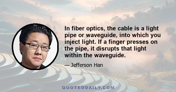 In fiber optics, the cable is a light pipe or waveguide, into which you inject light. If a finger presses on the pipe, it disrupts that light within the waveguide.