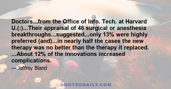 Doctors...from the Office of Info. Tech. at Harvard U.(:)...Their appraisal of 46 surgical or anesthesia breakthroughs...suggested...only 13% were highly preferred (and)...in nearly half the cases the new therapy was no 