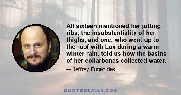 All sixteen mentioned her jutting ribs, the insubstantiality of her thighs, and one, who went up to the roof with Lux during a warm winter rain, told us how the basins of her collarbones collected water.