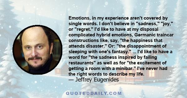 Emotions, in my experience aren't covered by single words. I don't believe in sadness, joy, or regret. I'd like to have at my disposal complicated hybrid emotions, Germanic traincar constructions like, say, the