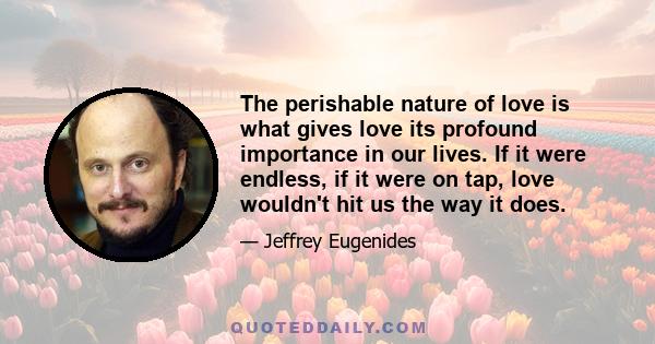 The perishable nature of love is what gives love its profound importance in our lives. If it were endless, if it were on tap, love wouldn't hit us the way it does.