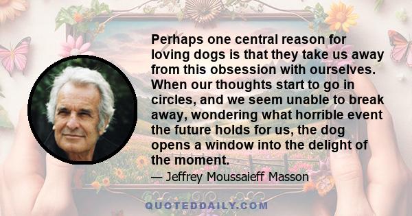 Perhaps one central reason for loving dogs is that they take us away from this obsession with ourselves. When our thoughts start to go in circles, and we seem unable to break away, wondering what horrible event the