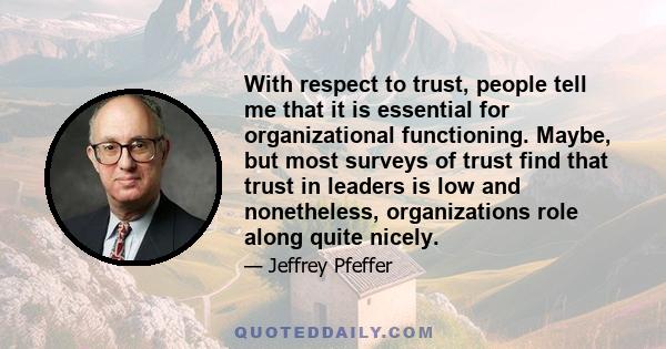 With respect to trust, people tell me that it is essential for organizational functioning. Maybe, but most surveys of trust find that trust in leaders is low and nonetheless, organizations role along quite nicely.