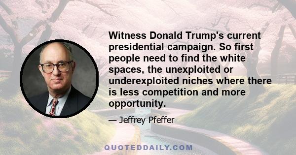 Witness Donald Trump's current presidential campaign. So first people need to find the white spaces, the unexploited or underexploited niches where there is less competition and more opportunity.