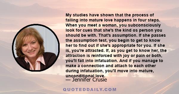 My studies have shown that the process of falling into mature love happens in four steps. When you meet a woman, you subconsciously look for cues that she's the kind os person you should be with. That's assumption. If