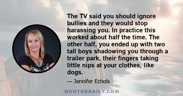 The TV said you should ignore bullies and they would stop harassing you. In practice this worked about half the time. The other half, you ended up with two tall boys shadowing you through a trailer park, their fingers