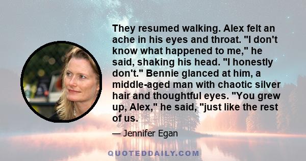 They resumed walking. Alex felt an ache in his eyes and throat. I don't know what happened to me, he said, shaking his head. I honestly don't. Bennie glanced at him, a middle-aged man with chaotic silver hair and