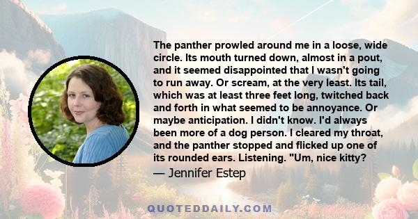 The panther prowled around me in a loose, wide circle. Its mouth turned down, almost in a pout, and it seemed disappointed that I wasn't going to run away. Or scream, at the very least. Its tail, which was at least