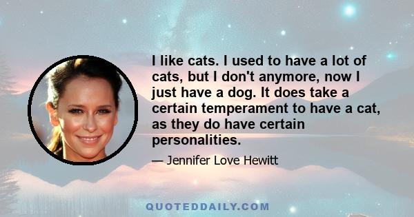 I like cats. I used to have a lot of cats, but I don't anymore, now I just have a dog. It does take a certain temperament to have a cat, as they do have certain personalities.