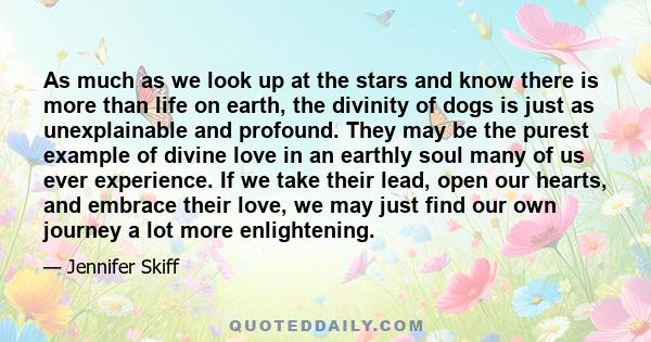 As much as we look up at the stars and know there is more than life on earth, the divinity of dogs is just as unexplainable and profound. They may be the purest example of divine love in an earthly soul many of us ever