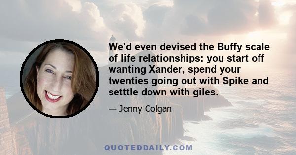 We'd even devised the Buffy scale of life relationships: you start off wanting Xander, spend your twenties going out with Spike and setttle down with giles.