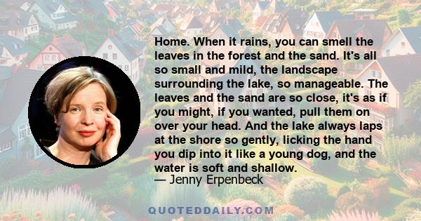 Home. When it rains, you can smell the leaves in the forest and the sand. It's all so small and mild, the landscape surrounding the lake, so manageable. The leaves and the sand are so close, it's as if you might, if you 