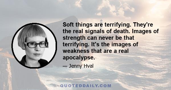 Soft things are terrifying. They're the real signals of death. Images of strength can never be that terrifying. It's the images of weakness that are a real apocalypse.