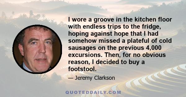 I wore a groove in the kitchen floor with endless trips to the fridge, hoping against hope that I had somehow missed a plateful of cold sausages on the previous 4,000 excursions. Then, for no obvious reason, I decided