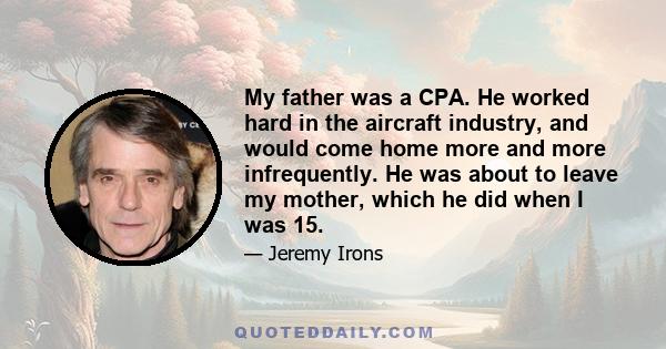 My father was a CPA. He worked hard in the aircraft industry, and would come home more and more infrequently. He was about to leave my mother, which he did when I was 15.