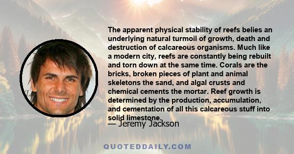 The apparent physical stability of reefs belies an underlying natural turmoil of growth, death and destruction of calcareous organisms. Much like a modern city, reefs are constantly being rebuilt and torn down at the